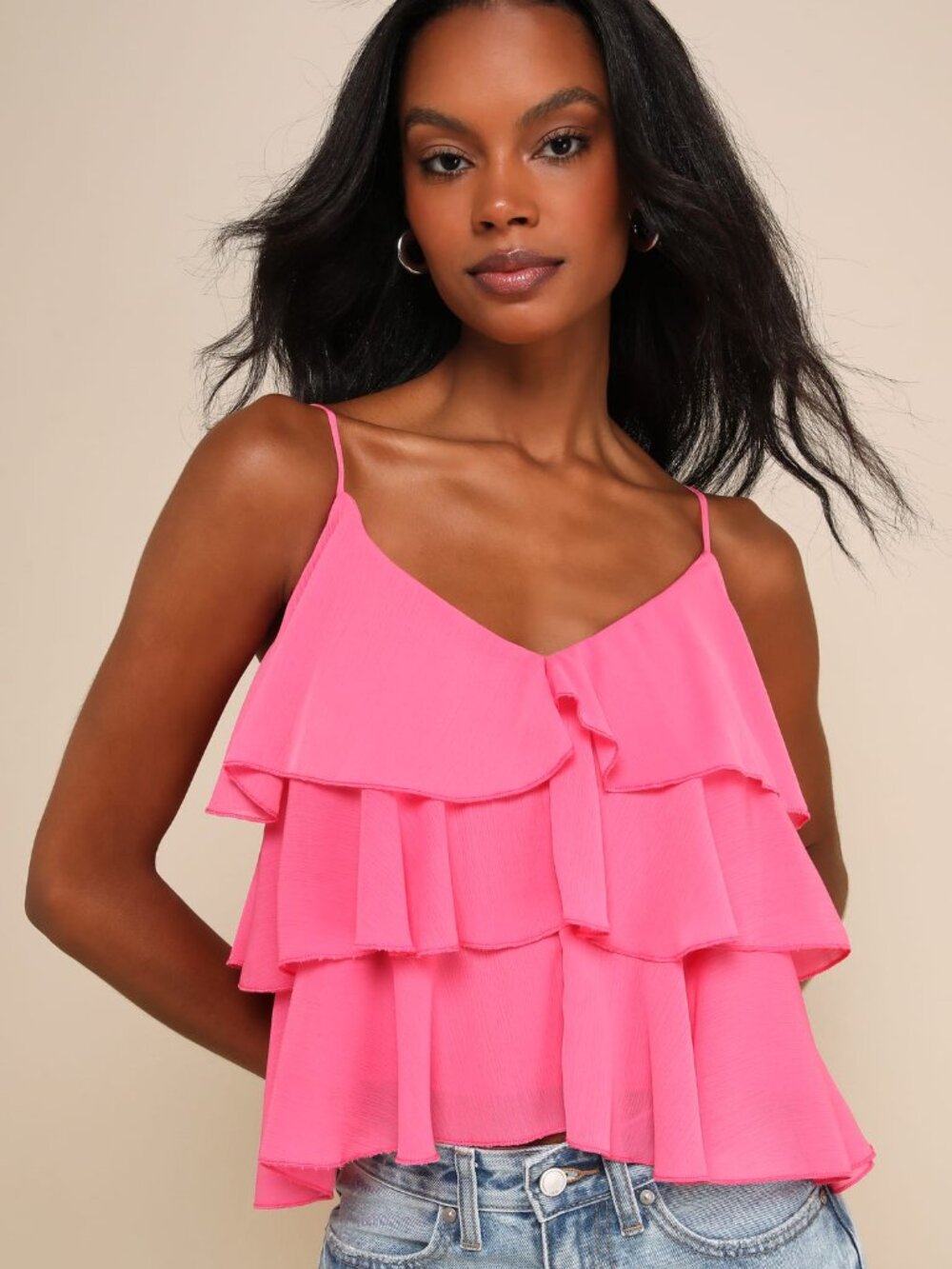 Lulu's Tier Me Out Hot Pink Chiffon Tiered Ruffled V-Neck Cami Top Large